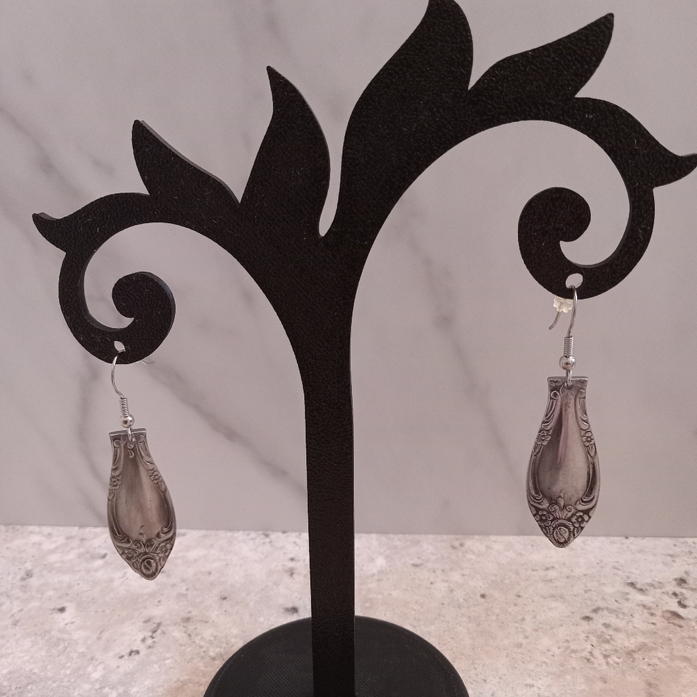 Floral Embossed Silver Tone Spoon Handle Earrings... Unique